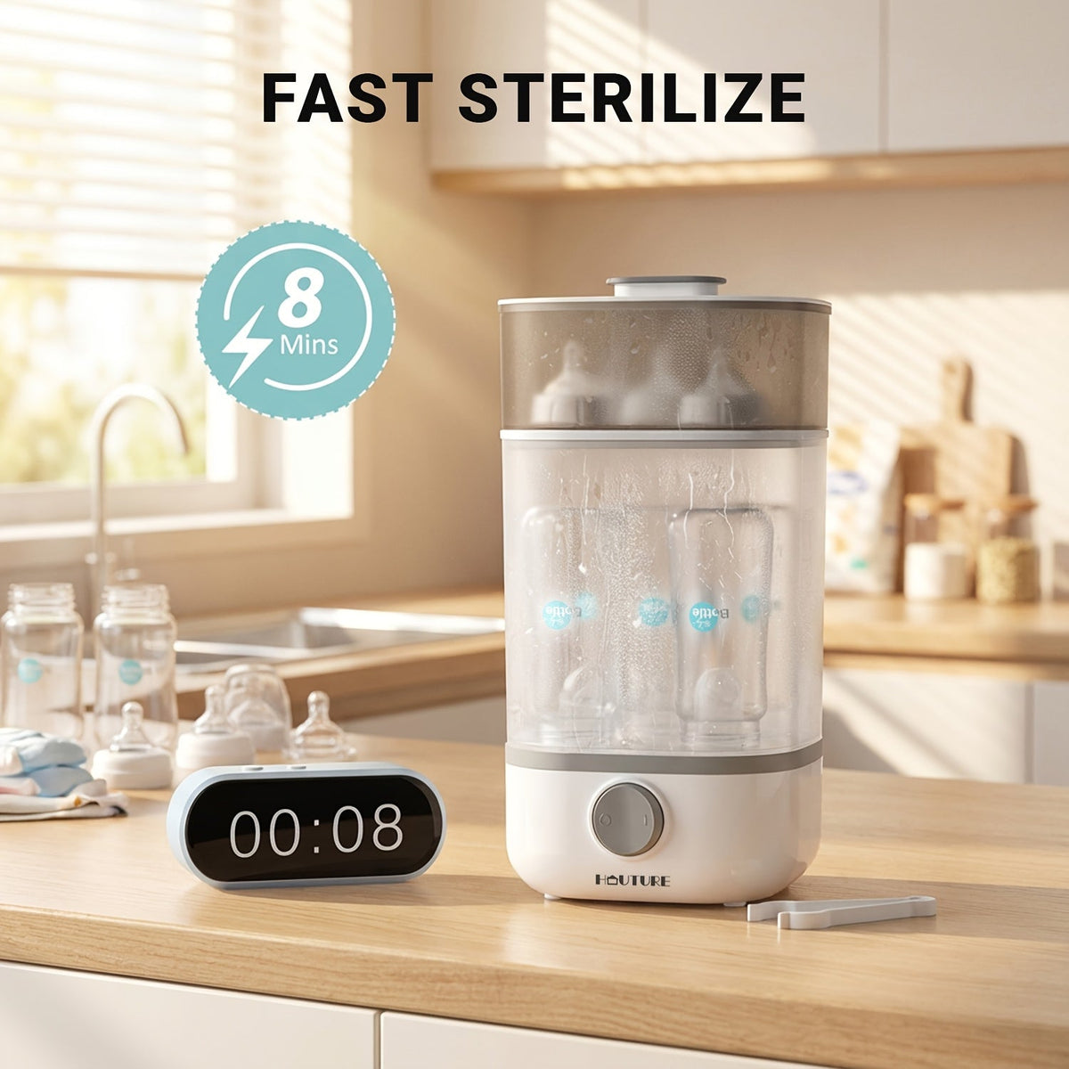 Electric Steam Bottle Sterilizer with Stackable Chambers and One Button Control for Feeding Accessories