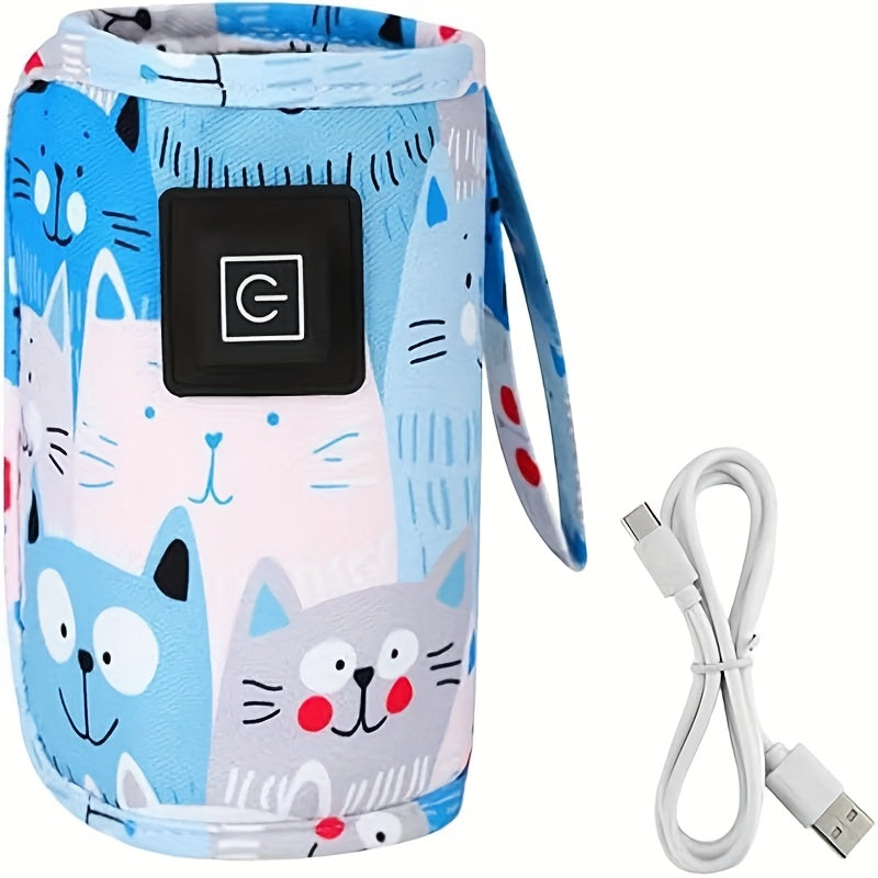 USB Portable Bottle Warmer Sleeve with Three Heat Settings and Cartoon Cat Prints for Feeding Routines
