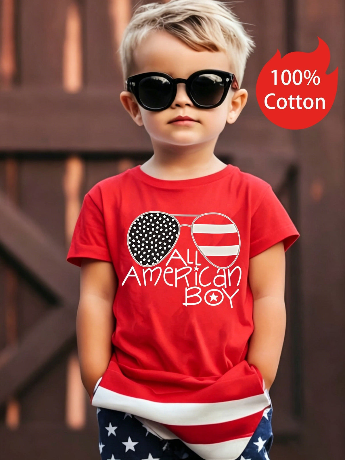 Boys' All American Boy Cotton T-Shirt in Red with Flag Sunglasses Graphic for Independence Day Outfits
