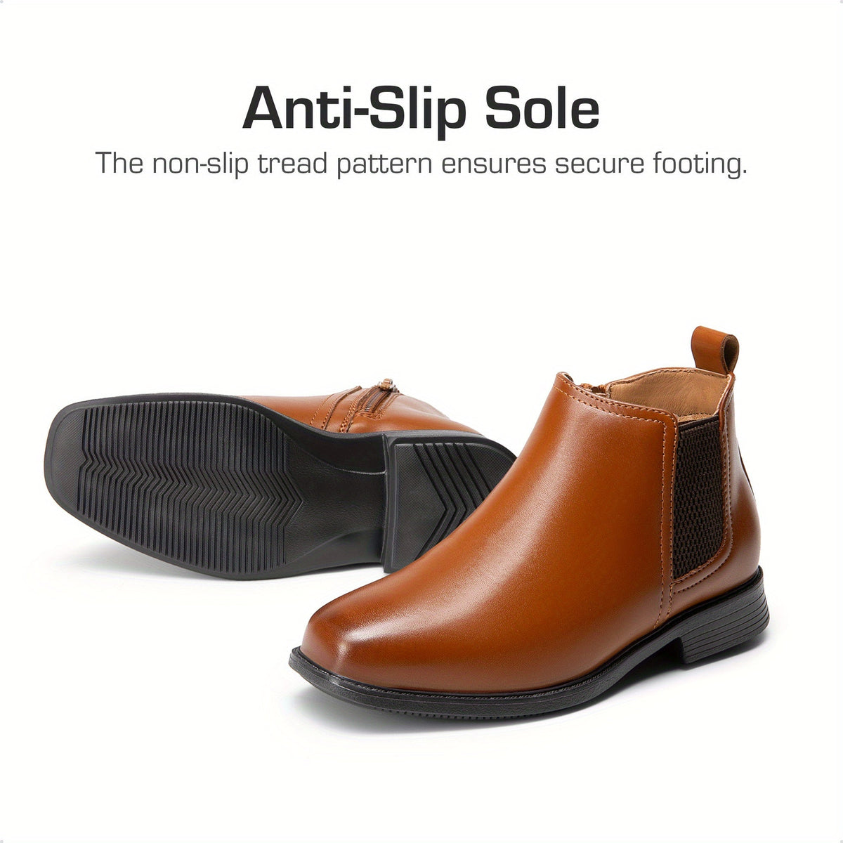 Boys' Chelsea Dress Boots with Side Zippers and Elastic Panels in Black or Camel for Smart Outfits