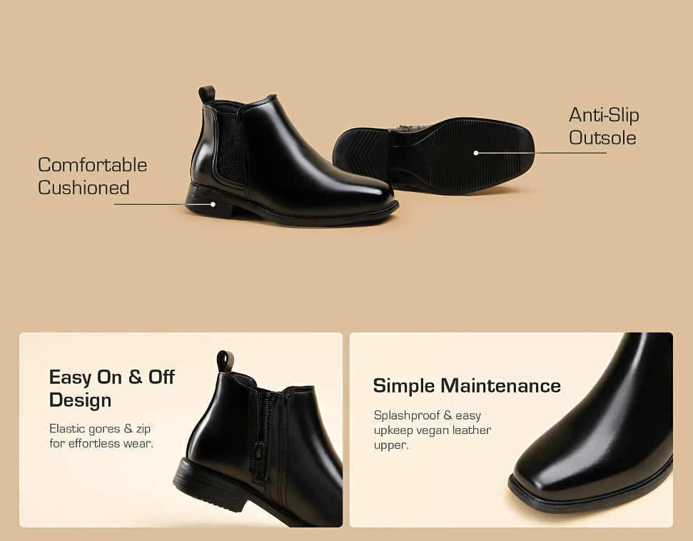 Boys' Chelsea Dress Boots with Side Zippers and Elastic Panels in Black or Camel for Smart Outfits