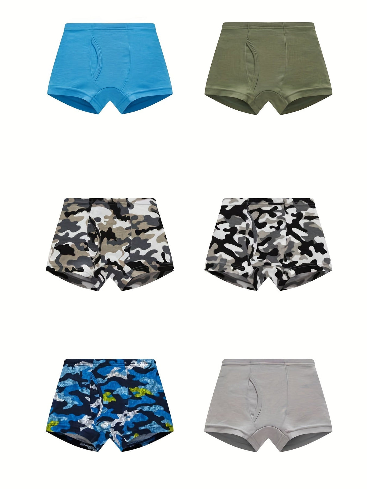 Boys' Boxer Briefs 6-Pack in Mixed Solid Colors and Camo Prints with Elastic Waists for Everyday Underwear