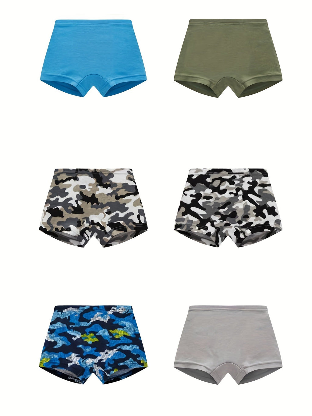 Boys' Boxer Briefs 6-Pack in Mixed Solid Colors and Camo Prints with Elastic Waists for Everyday Underwear