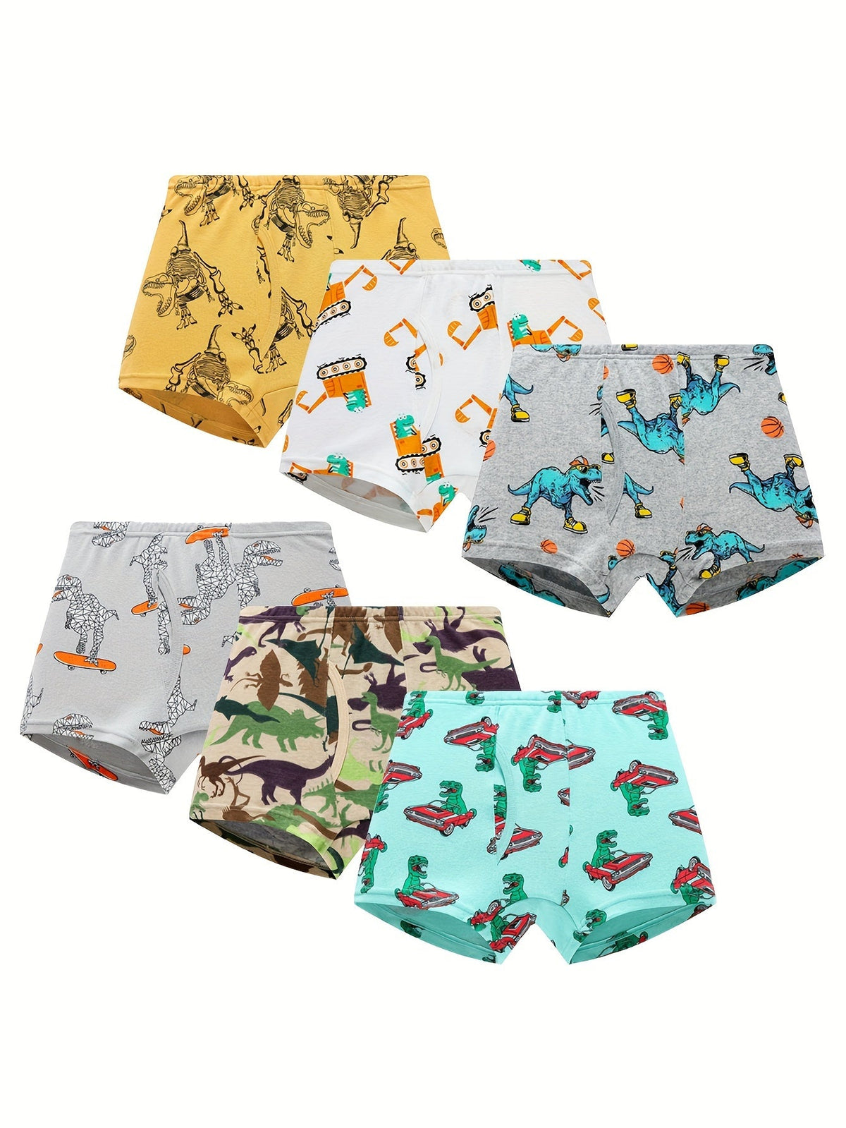 Boys' Dinosaur Boxer Briefs in a Six Pack with Colorful Sports and Car Prints for Everyday Underwear