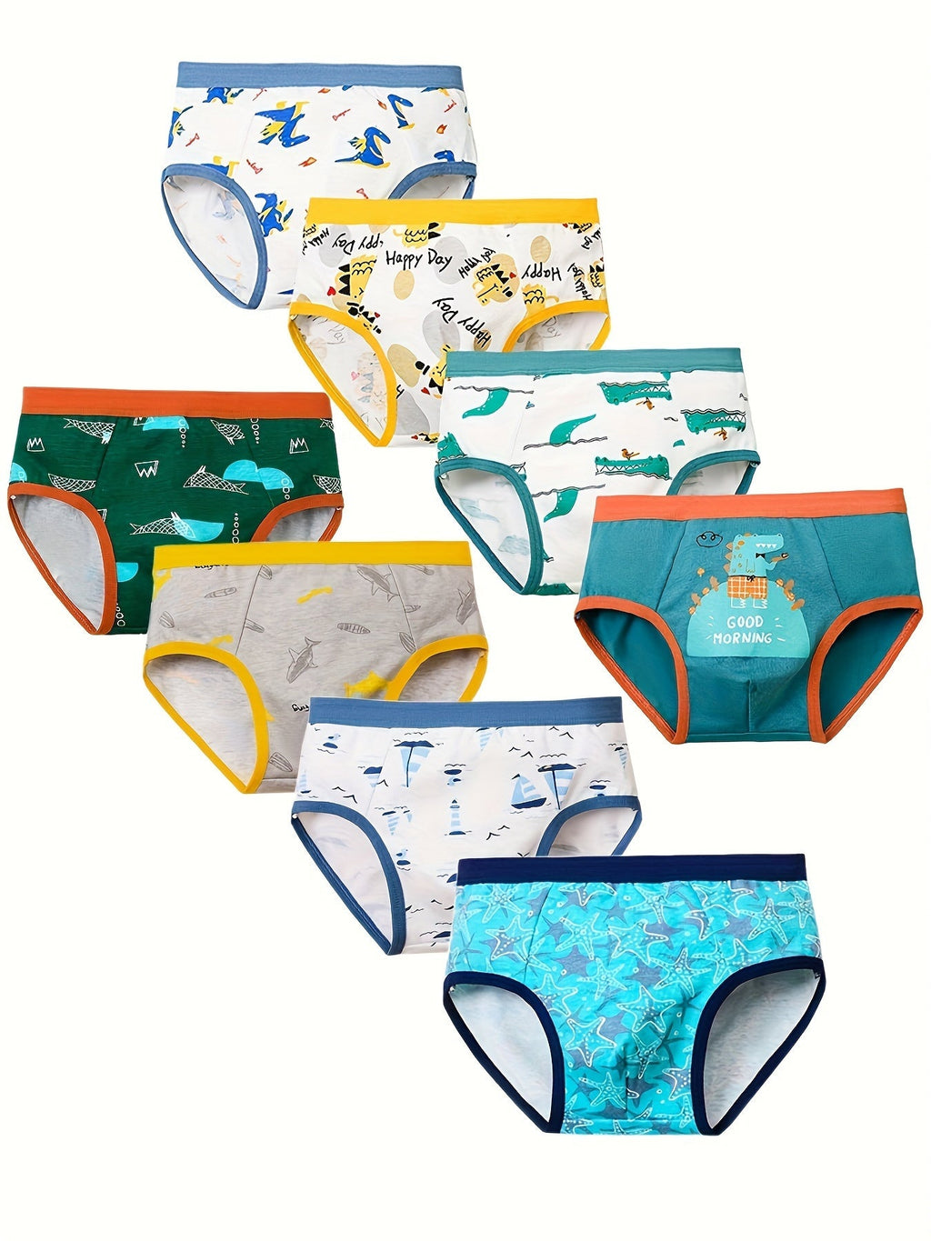 Boys' Animal Print Briefs Eight Pack with Crocodiles and Sea Themed Designs for Daily Underwear Changes