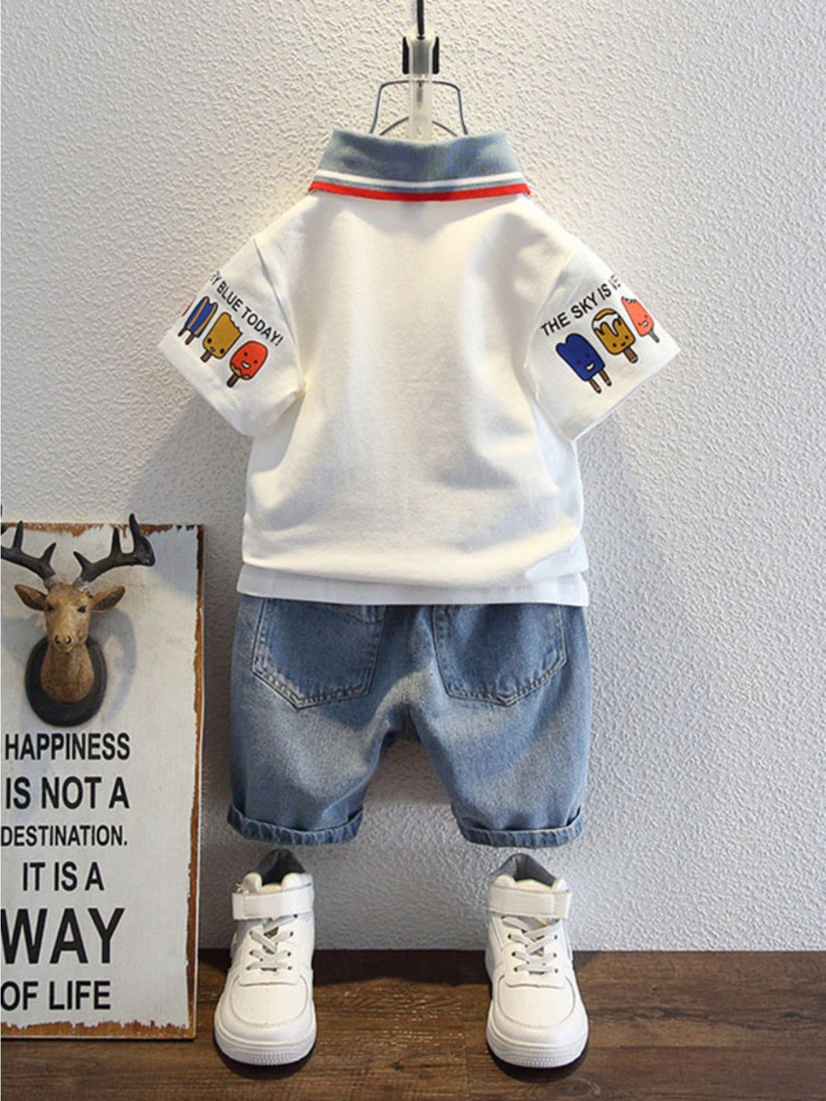 Boys' Two Piece Polo and Denim Shorts Outfit with Cartoon Sleeve Prints and Distressed Blue Shorts