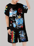 Boys' Black Graphic T-Shirt and Shorts Set with Colorful Graffiti Bear Prints and a Short-Sleeve Crew Neck Top