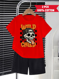 Boys' Wild Child Skull Graphic Two Piece Cotton Outfit with a Red T-Shirt and Black Elastic Waist Shorts