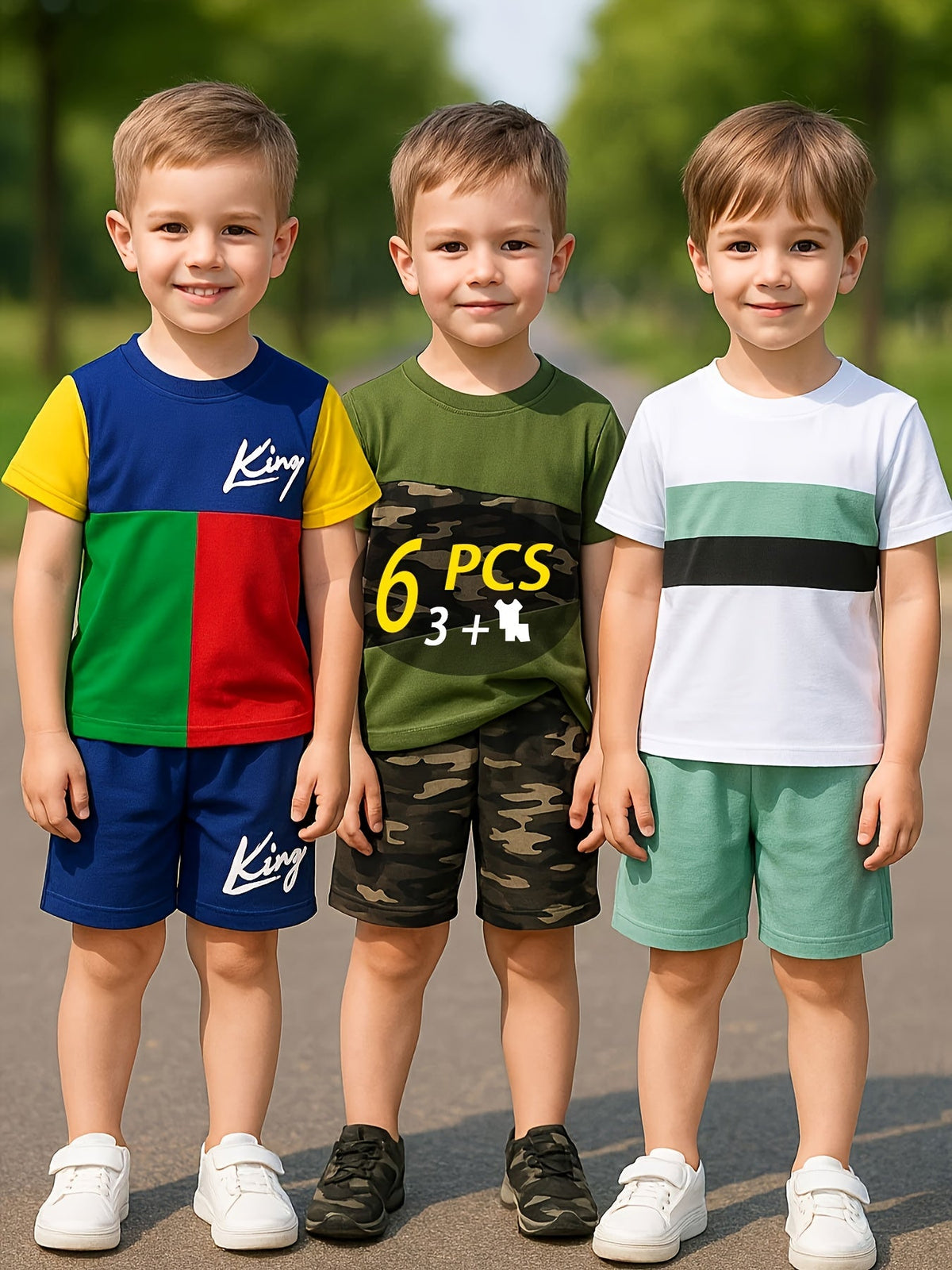 Boys' Six-Piece Summer Outfit Set with Three Graphic T-Shirts and Matching Shorts for Casual Play