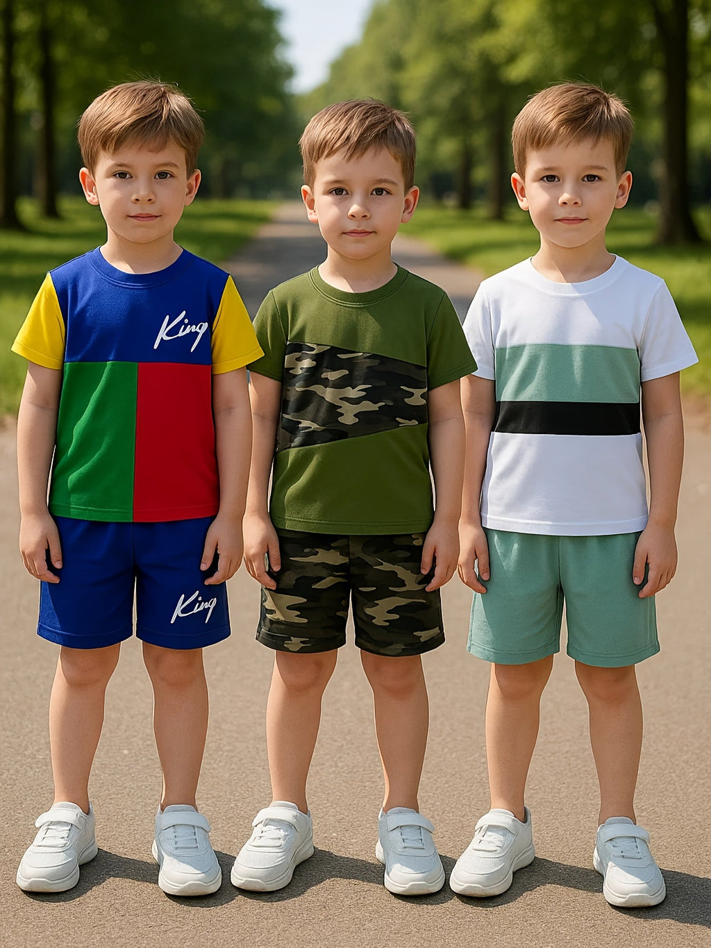 Boys' Six-Piece Summer Outfit Set with Three Graphic T-Shirts and Matching Shorts for Casual Play