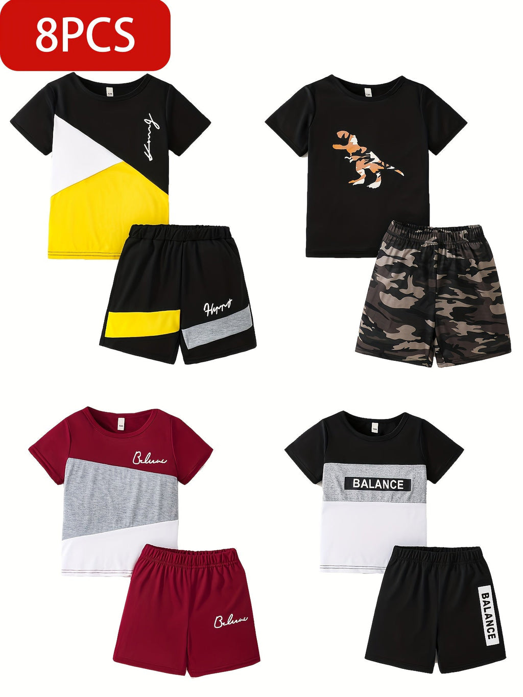 Boys' Eight-Piece Summer Outfit Set with Four Graphic T-Shirts and Four Shorts in Mixed Designs