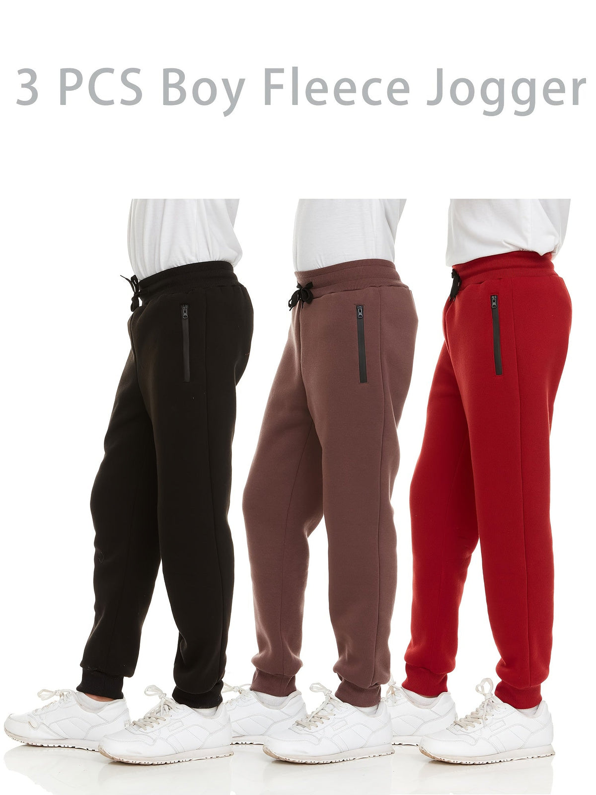 Boys' Fleece Jogger Pants 3-Pack with Zipper Pockets and Drawstring Waists for Sports and Casual Wear