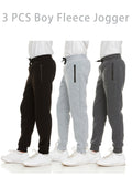 Boys' Fleece Jogger Pants 3-Pack with Zipper Pockets and Drawstring Waists for Sports and Casual Wear