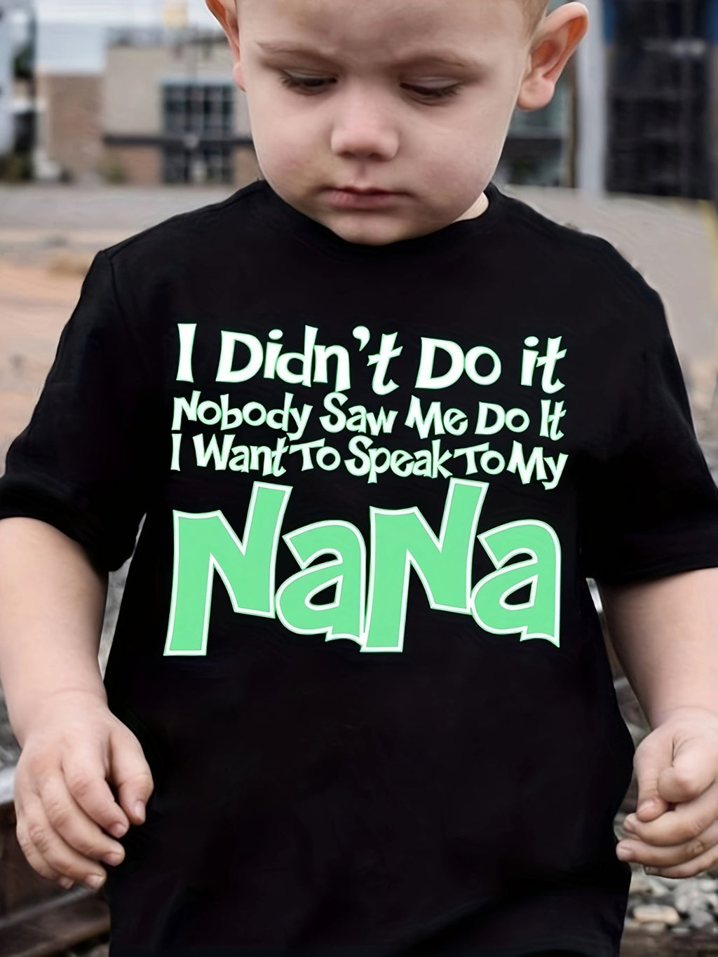 Boys' I Want to Speak to My Nana T-Shirt in Black with Green Lettering for Funny Family Outfits