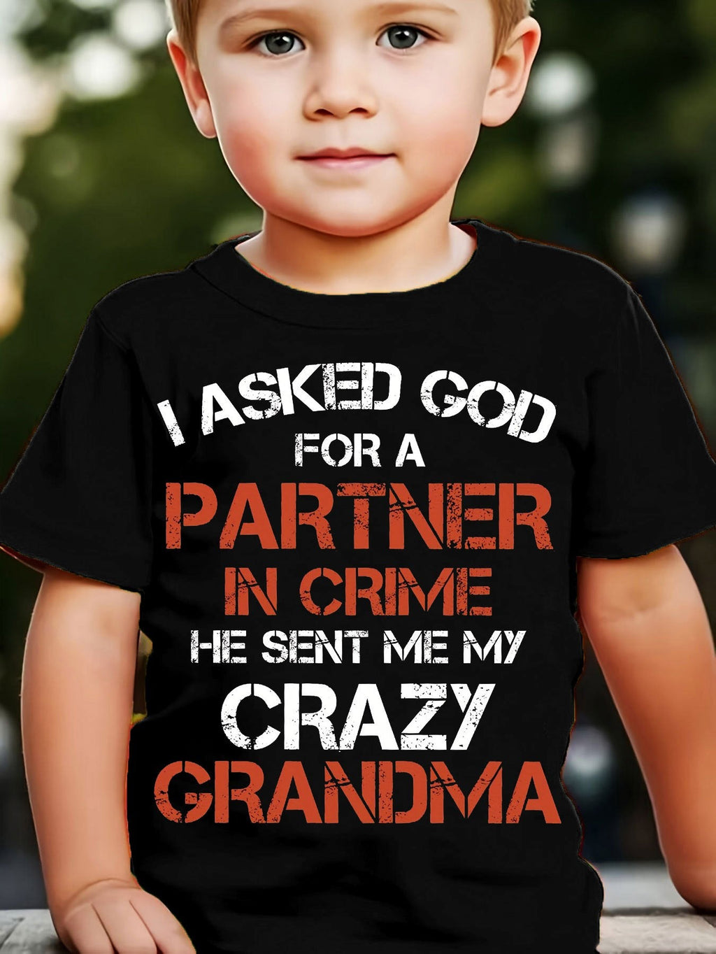 Boys' Crazy Grandma Partner in Crime T-Shirt in Black with Red and White Lettering for Casual Outfits