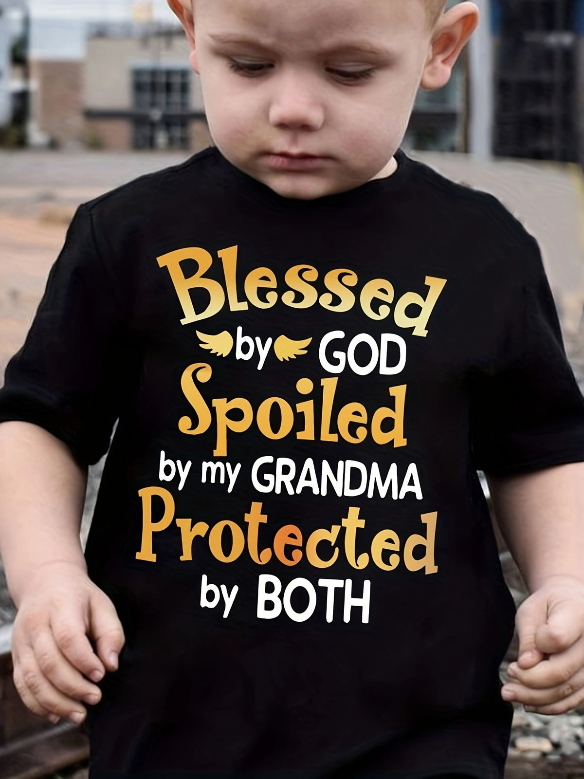 Boys' Blessed by God Cotton T-Shirt in Black with a Grandma Quote and Short Sleeves for Family Days