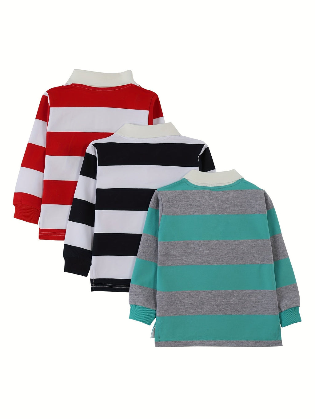 Boys' Striped Long Sleeve Polo Shirts Three Pack with Contrast Collars for Everyday Casual Dressing