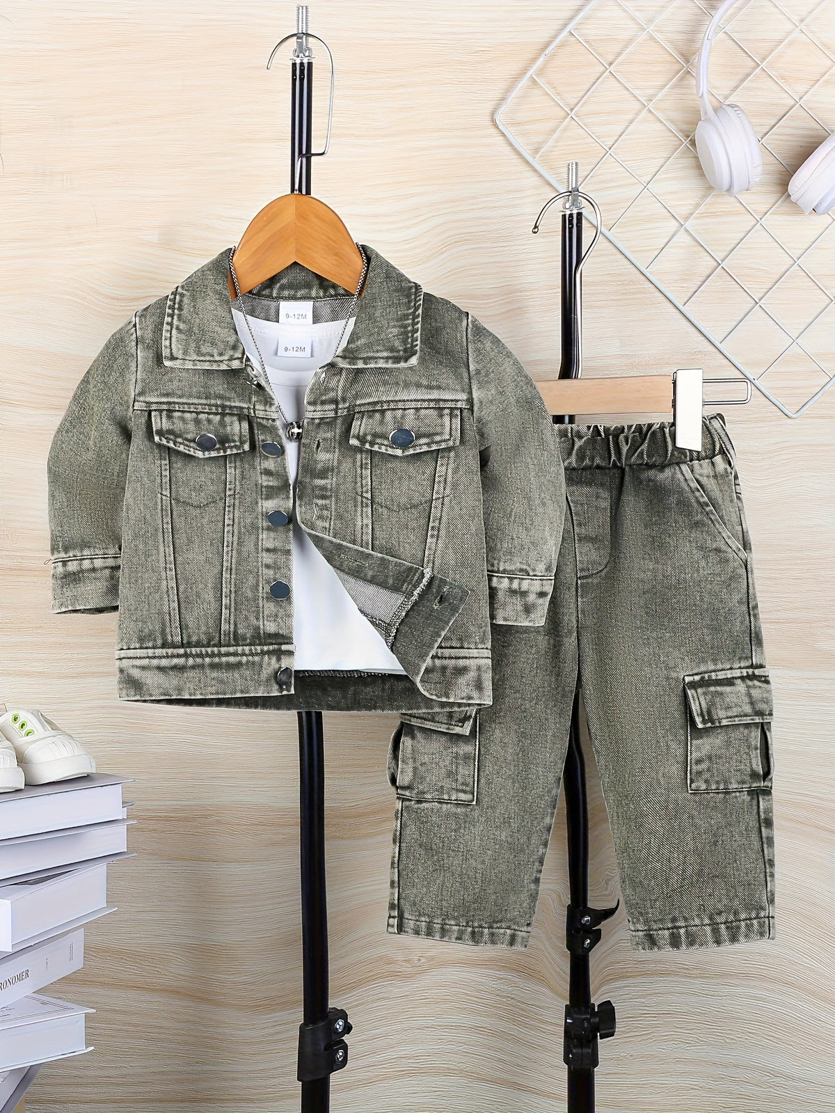 Baby Boys' Green Denim Cargo Set with a Button Front Jacket and Matching Pocket Pants for Casual Wear