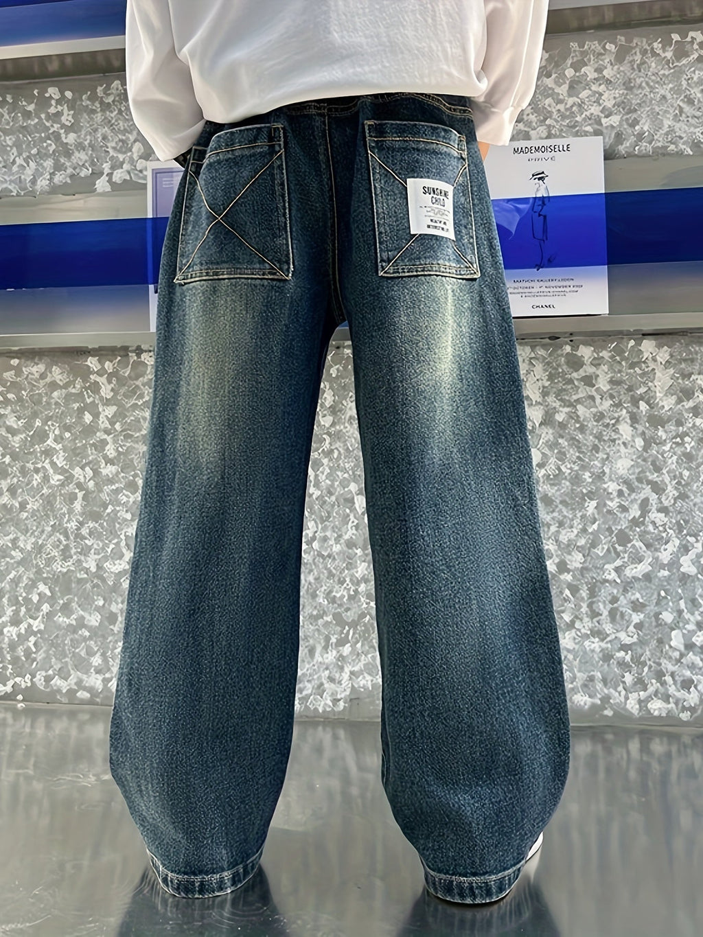 Boys' Wide Leg Denim Jeans in Washed Blue with Back Patch Pockets for Relaxed Everyday Outfits