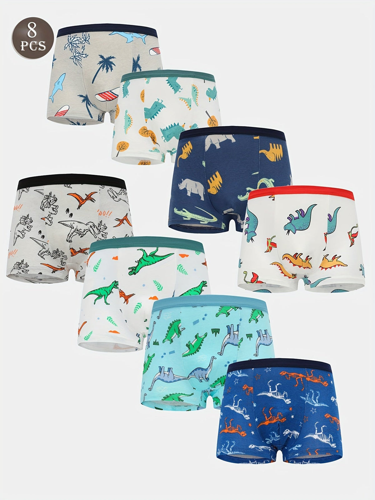 Boys' Dinosaur Boxer Briefs Eight-Pack with Mixed Colors and Contrast Elastic Waistbands for Daily Changes
