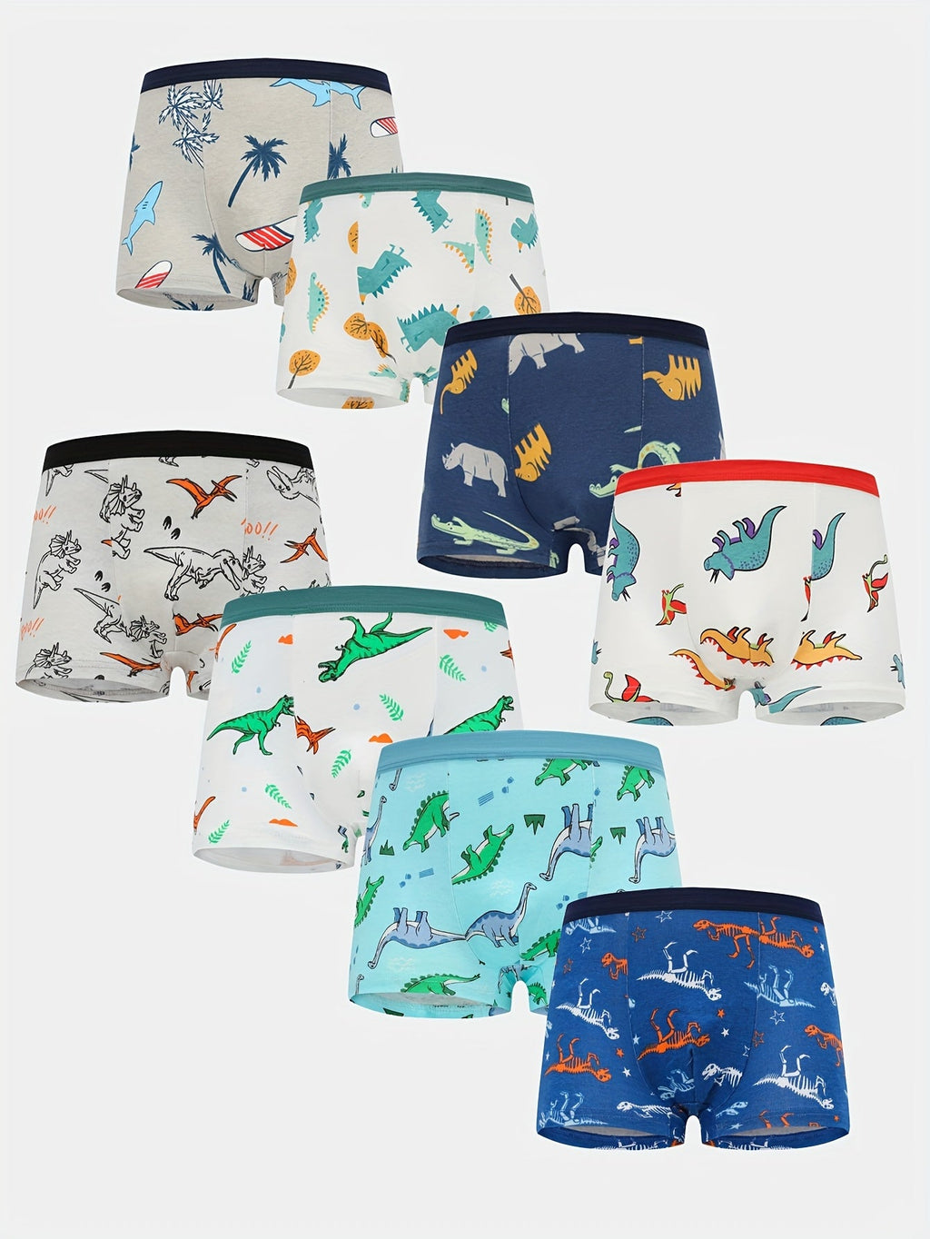Boys' Dinosaur Boxer Briefs Eight-Pack with Mixed Colors and Contrast Elastic Waistbands for Daily Changes