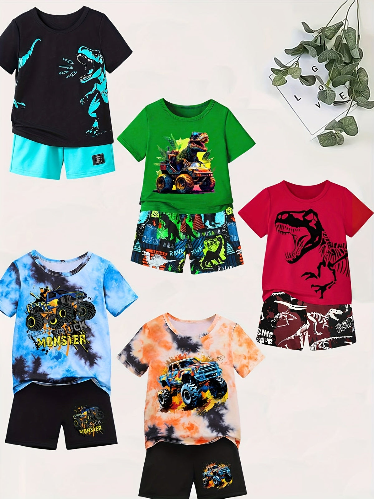 Boys' Dinosaur Shorts Sets in a Five-Outfit Pack with Vehicle Graphics and Short Sleeve Tees for Summer Play