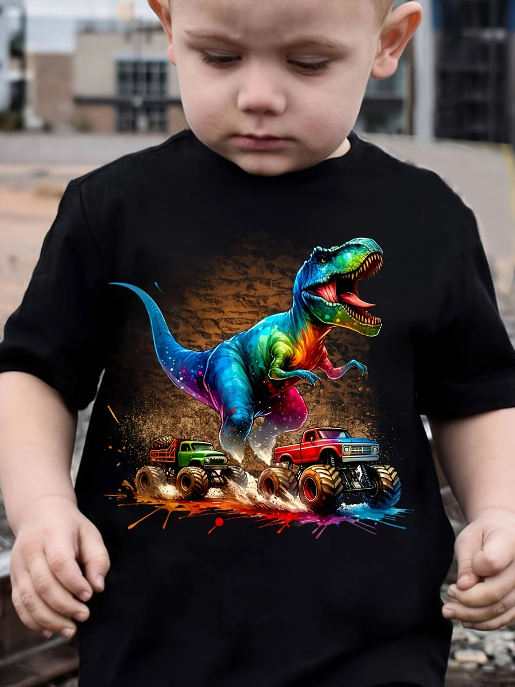 Boys' Dinosaur and Monster Truck T-Shirt in Black with a Colorful Graphic Print and Short Sleeves