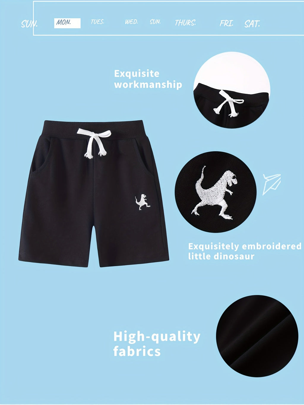 Boys' Three-Pack Dinosaur Cotton Shorts in Blue, Black and Gray with Pockets for Everyday Outfits