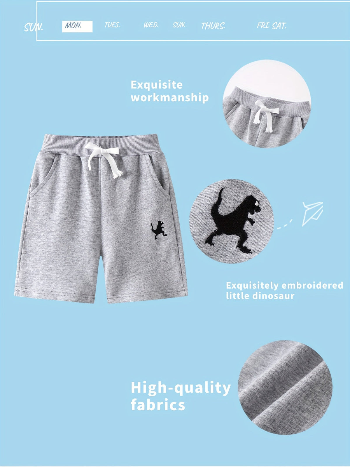 Boys' Three-Pack Dinosaur Cotton Shorts in Blue, Black and Gray with Pockets for Everyday Outfits