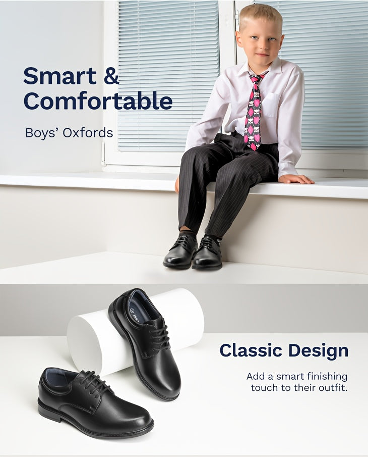 Boys' Dress Shoes in Black or White with Open Lace-Up Panels and a Plain Rounded Toe for Formal Outfits