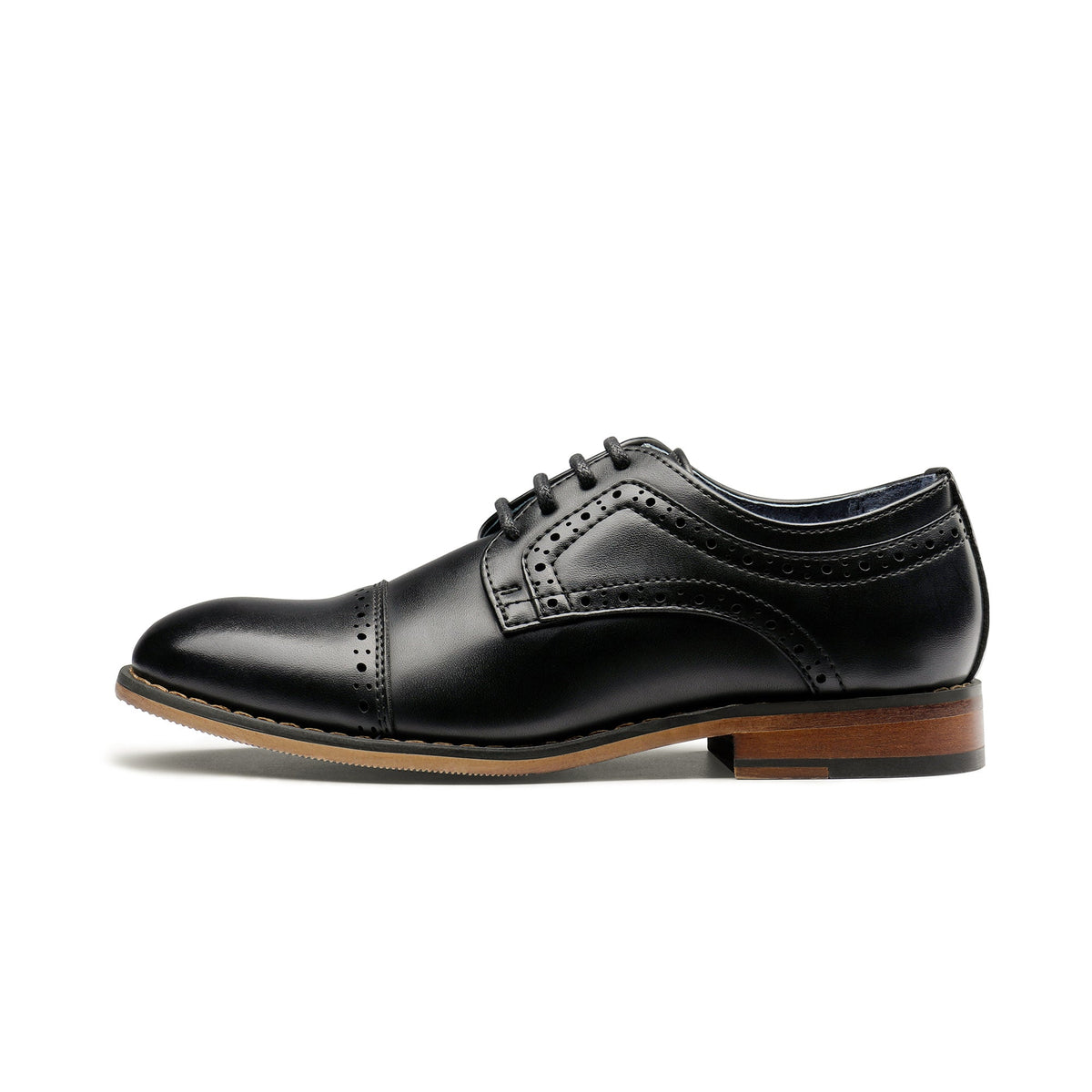 Boys' Dress Shoes with Cap Toe Brogue Details and Lace-Up Fronts in Black, Brown or Dark Brown