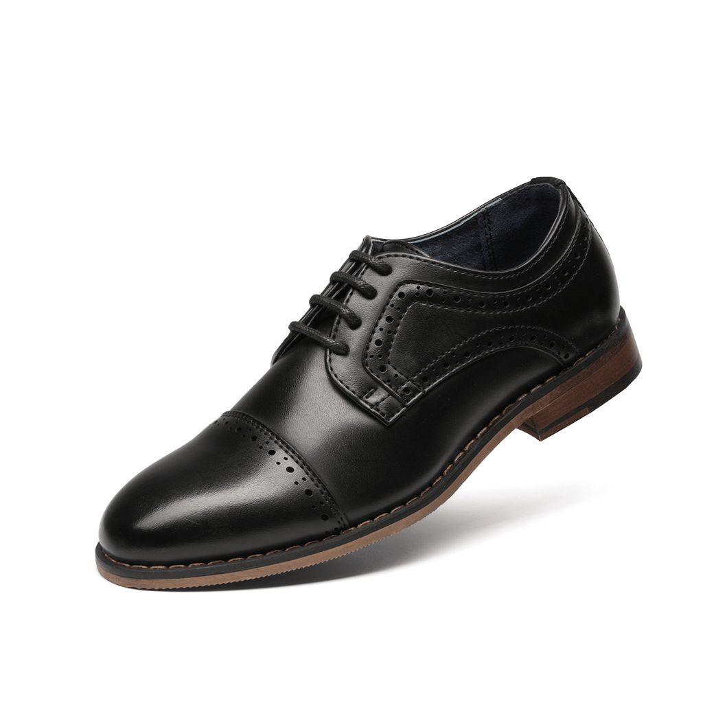 Boys' Dress Shoes with Cap Toe Brogue Details and Lace-Up Fronts in Black, Brown or Dark Brown