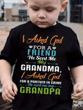 Boys' I Asked God T-Shirt in Black with Grandma and Grandpa Lettering for Casual Family Outings