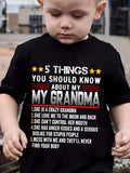 Boys' Five Things About My Grandma Cotton T-Shirt in Black with White Lettering and Star Print Details