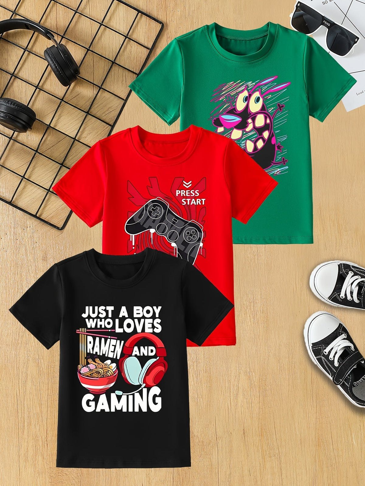 Boys' Gamer Graphic T-Shirts 3-Pack in Black, Red and Green for Casual Summer Outfits and Game Days