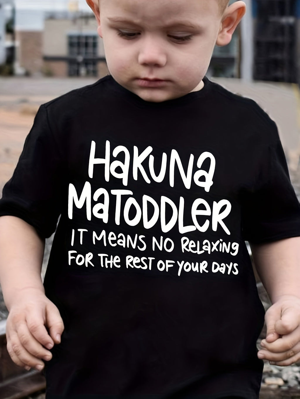 Boys' Hakuna Matoddler Cotton T-Shirt in Black with White Funny Parenting Quote and Short Sleeves