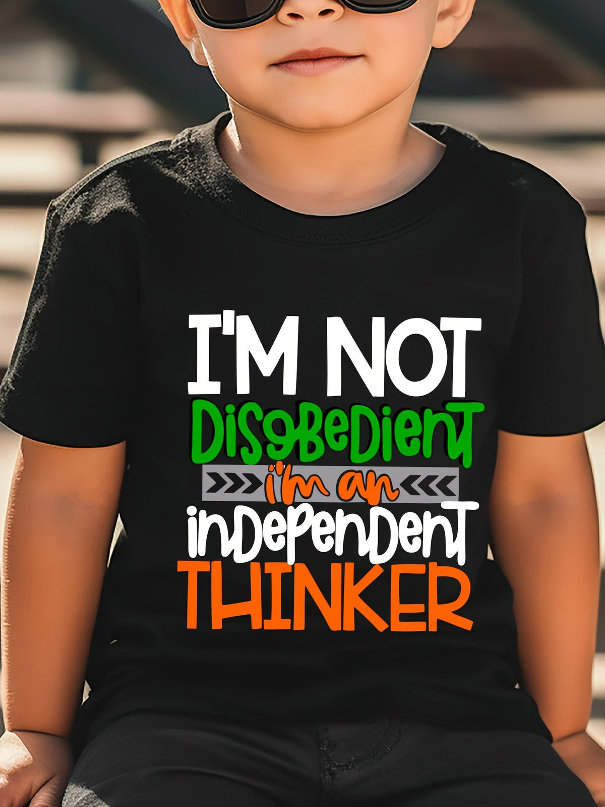 Boys' Independent Thinker Cotton T-Shirt in Black with Green and Orange Slogan Print and Short Sleeves