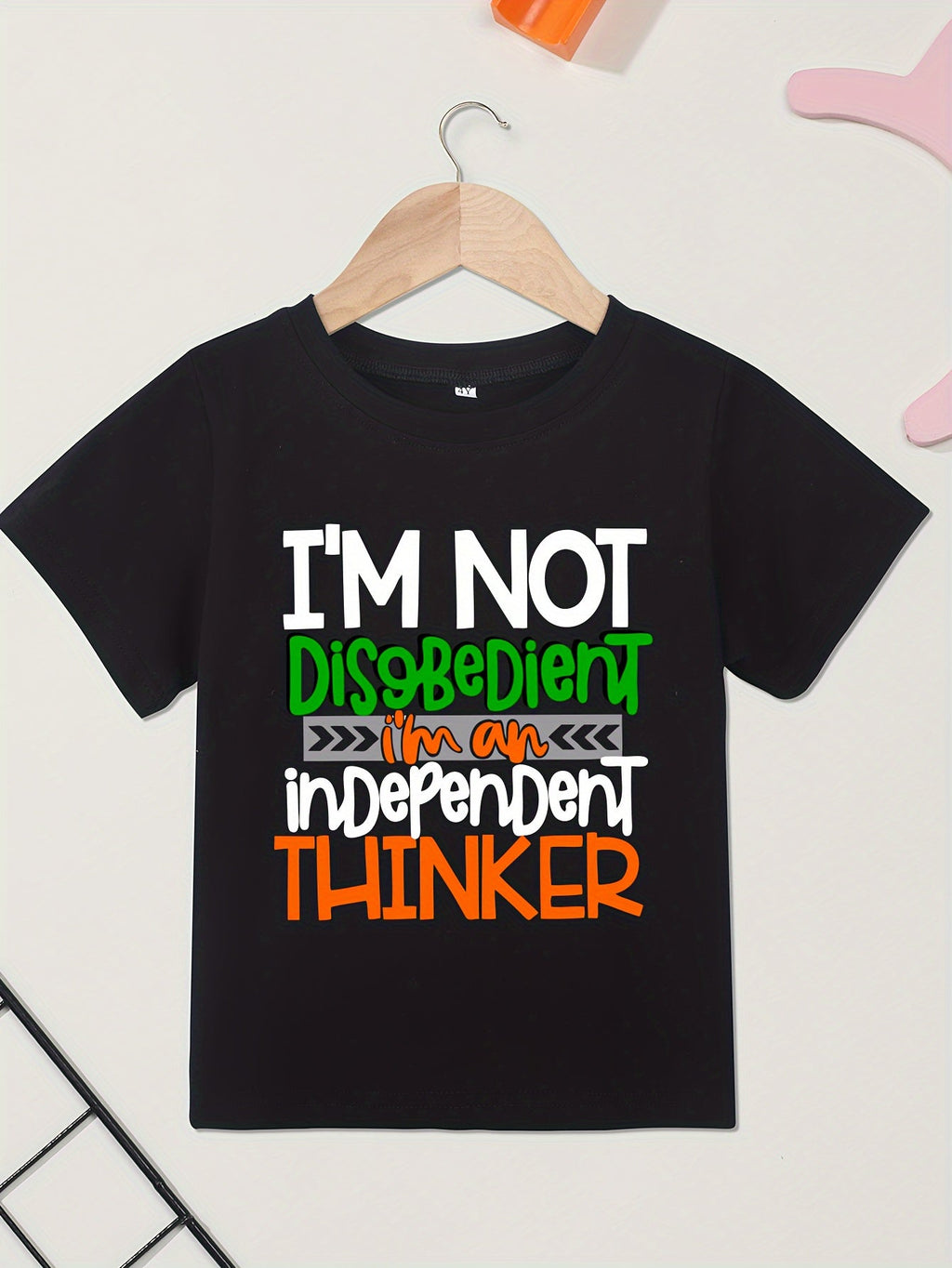 Boys' Independent Thinker Cotton T-Shirt in Black with Green and Orange Slogan Print and Short Sleeves