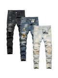 Boys' Distressed Jeans 3-Pack in Black, Blue and Light Wash Denim for Slim Fit Everyday Casual Outfits