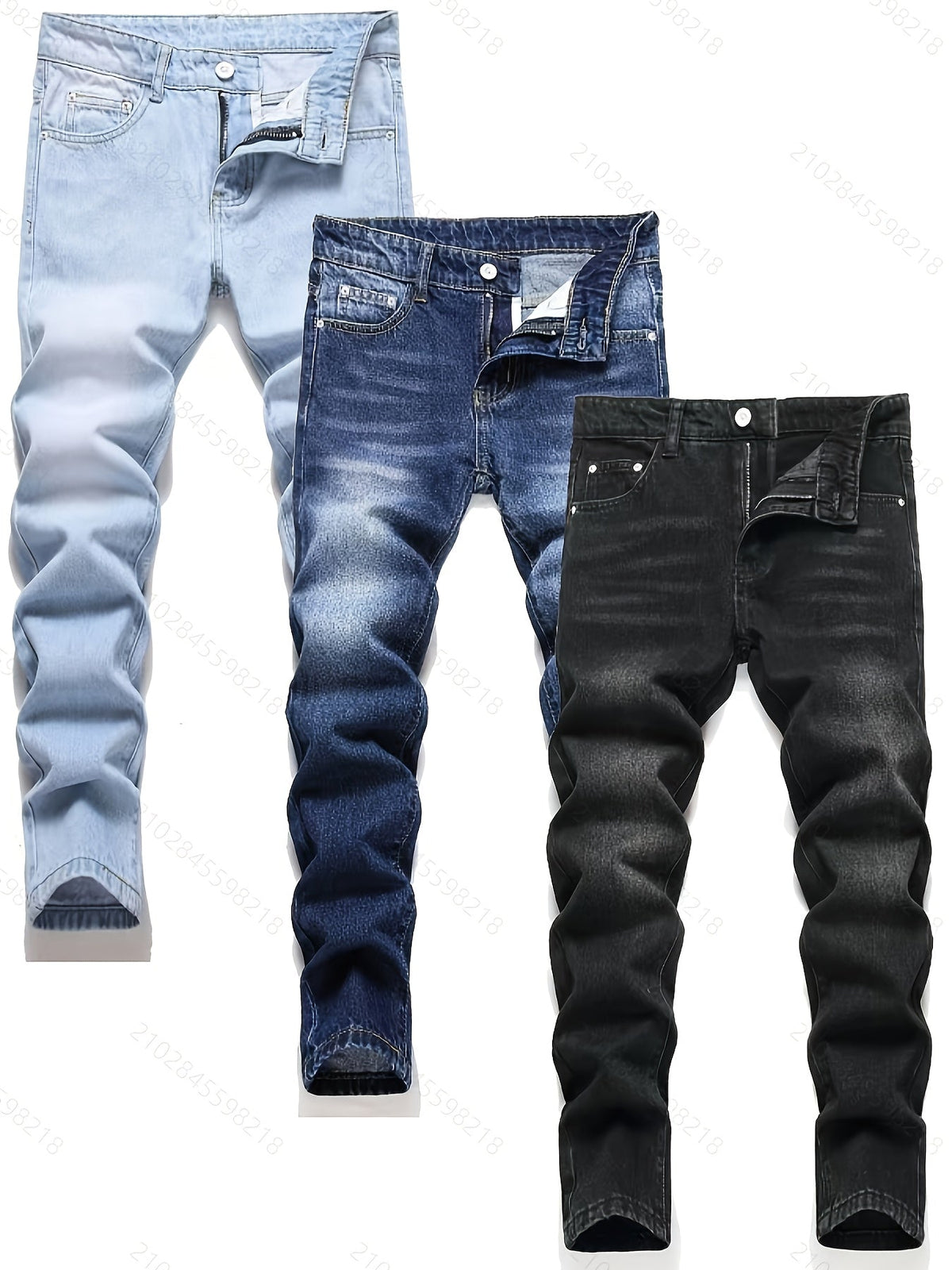 Boys' Slim Fit Jeans 3-Pack in Light Blue, Dark Blue and Black Washes for Everyday Casual Outfits