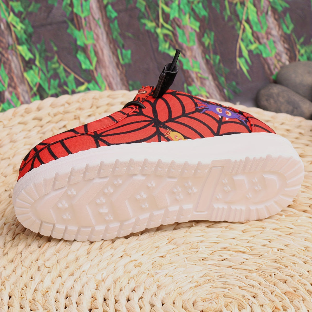 Boys' Red Printed Sneakers with Black Spiderweb Graphics and Knotted Cord Fronts for Casual Outfits