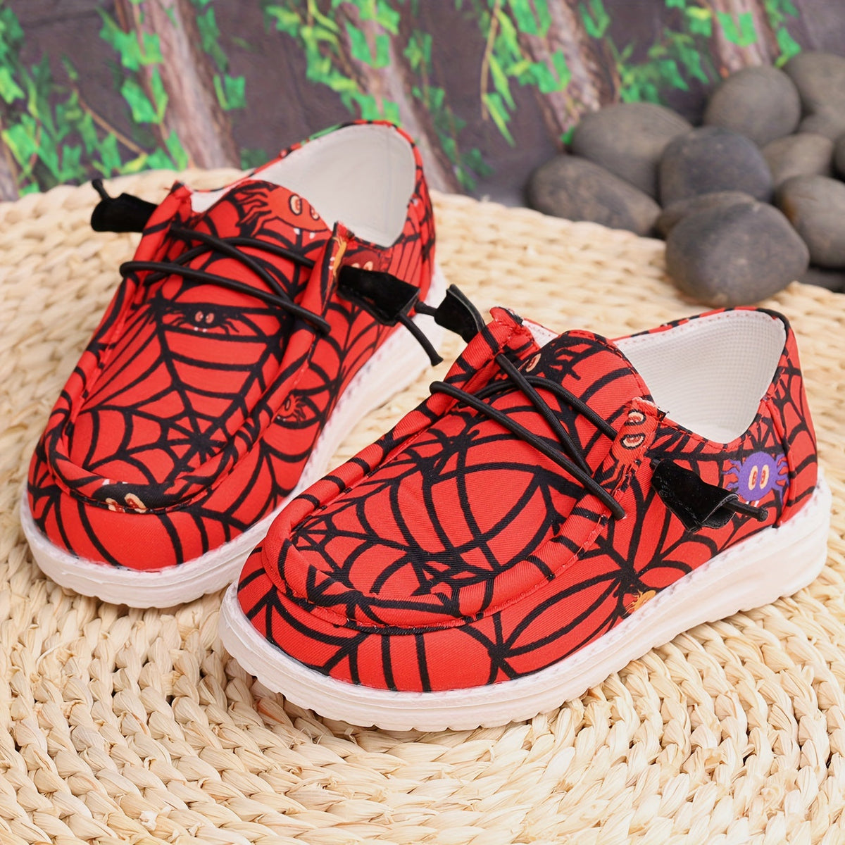 Boys' Red Printed Sneakers with Black Spiderweb Graphics and Knotted Cord Fronts for Casual Outfits