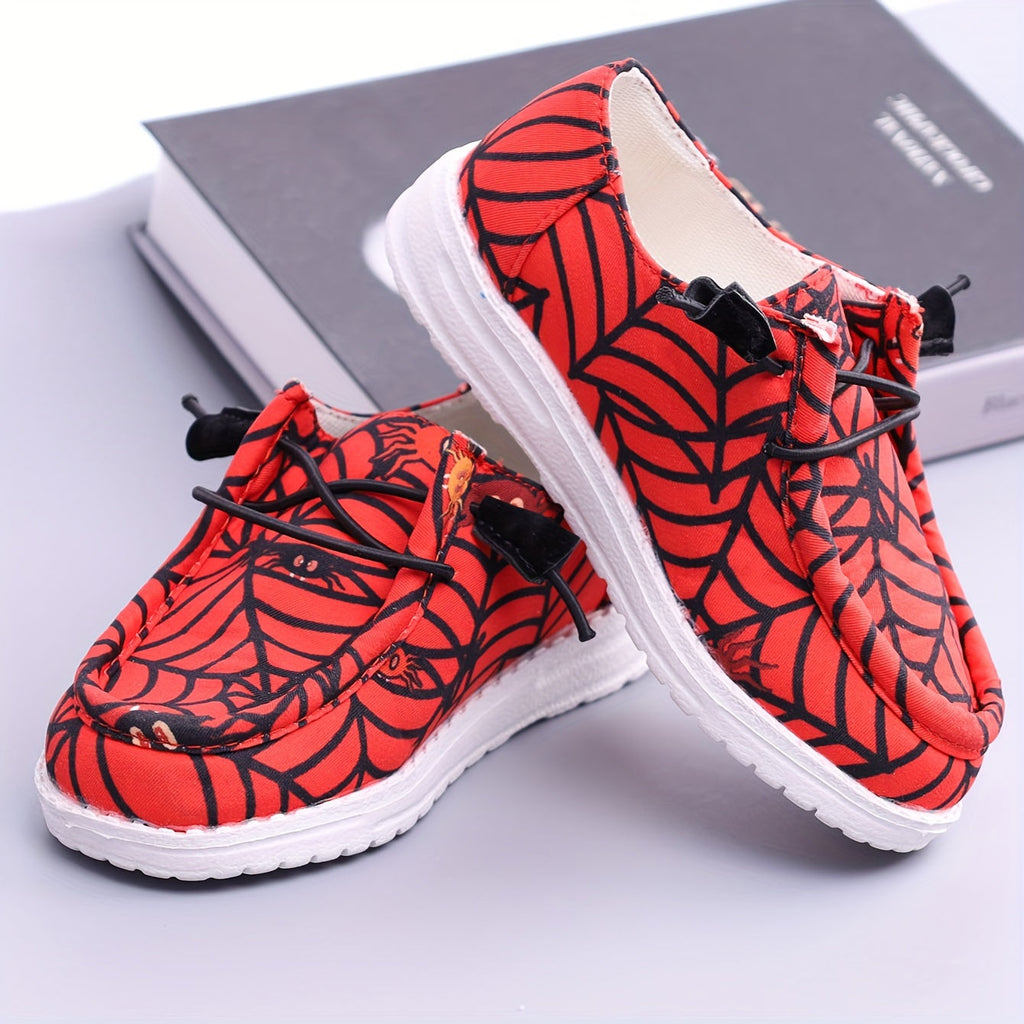 Boys' Red Printed Sneakers with Black Spiderweb Graphics and Knotted Cord Fronts for Casual Outfits