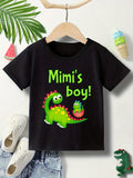 Boys' Mimi's Boy Dinosaur T-Shirt in Black with a Crew Neck and Short Sleeves for Playful Everyday Outfits