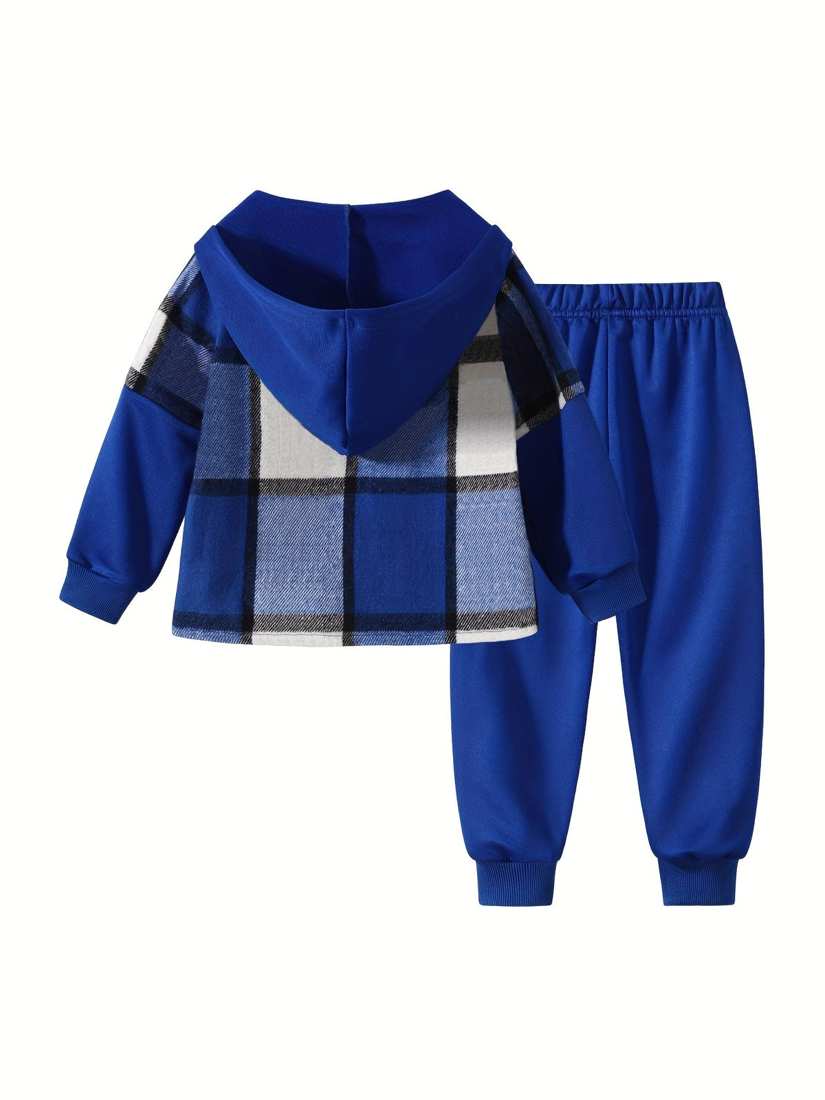 Boys' Plaid Hooded Outfit Set with a Color Block Jacket and Cargo Jogger Pants for Cool Weather Wear