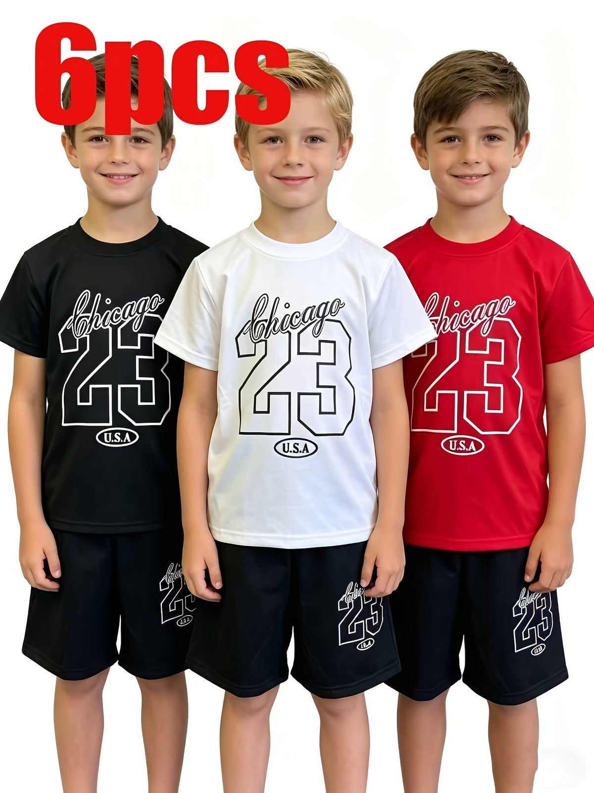 Boys' Calvin Letter T-Shirt and Shorts Sets 6-Piece Pack in Black, Blue and Red for Everyday Outfits