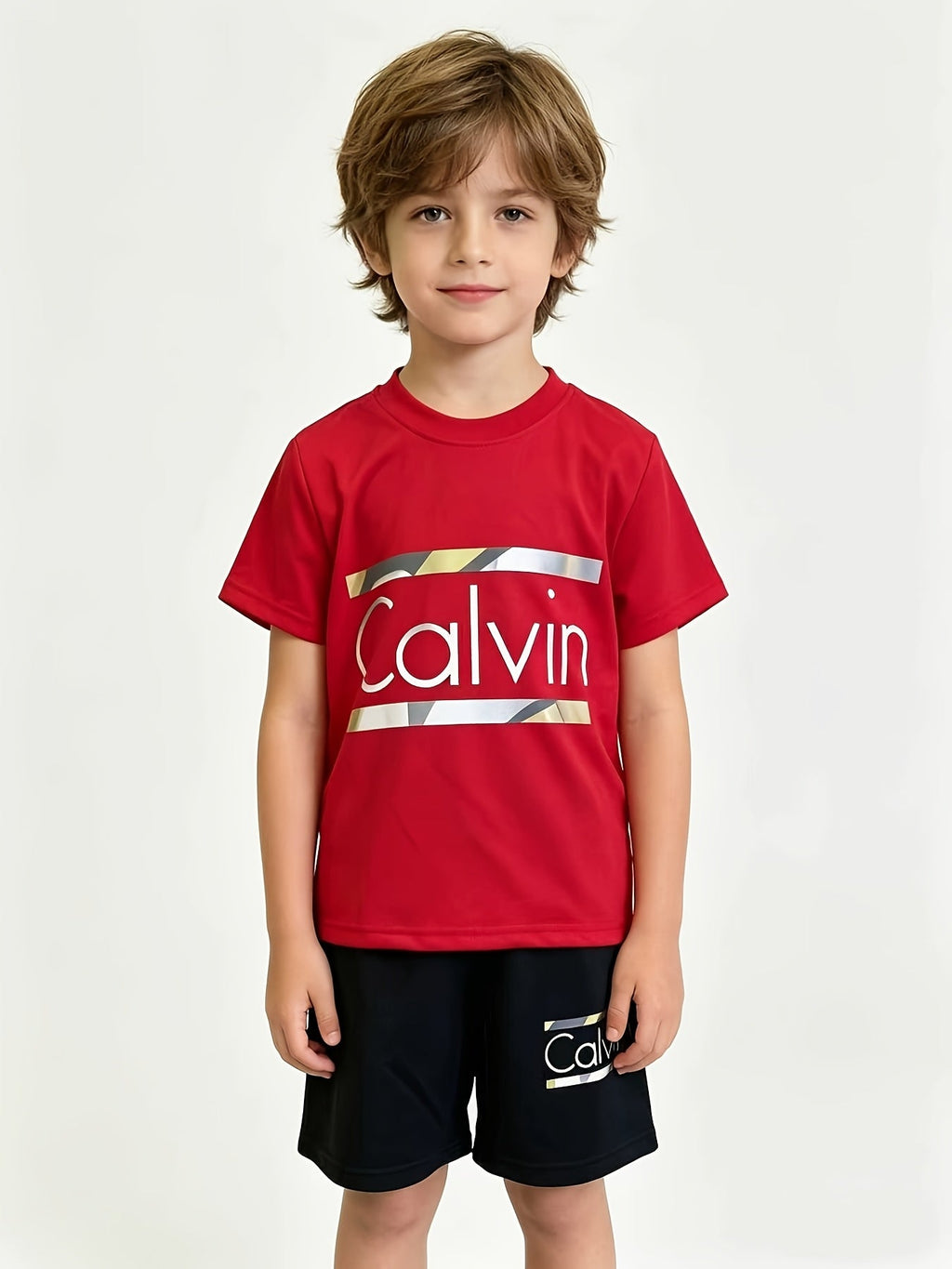 Boys' Calvin Letter T-Shirt and Shorts Sets 6-Piece Pack in Black, Blue and Red for Everyday Outfits