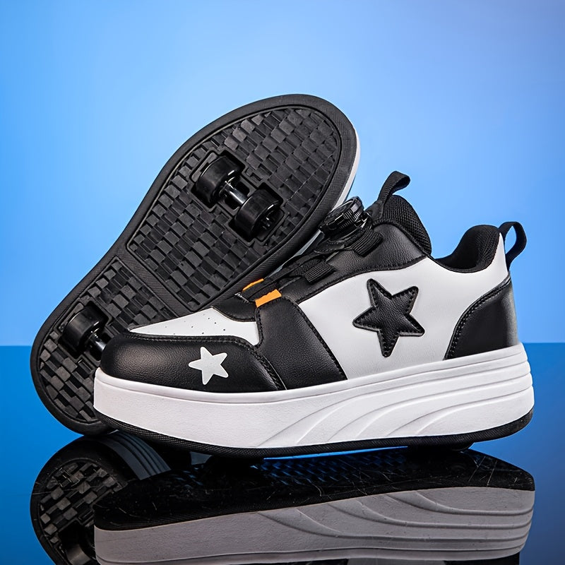 Boys Roller Shoes with Removable Wheels and Dial Fastenings in Black-and-White Two- or Four-Wheel Styles