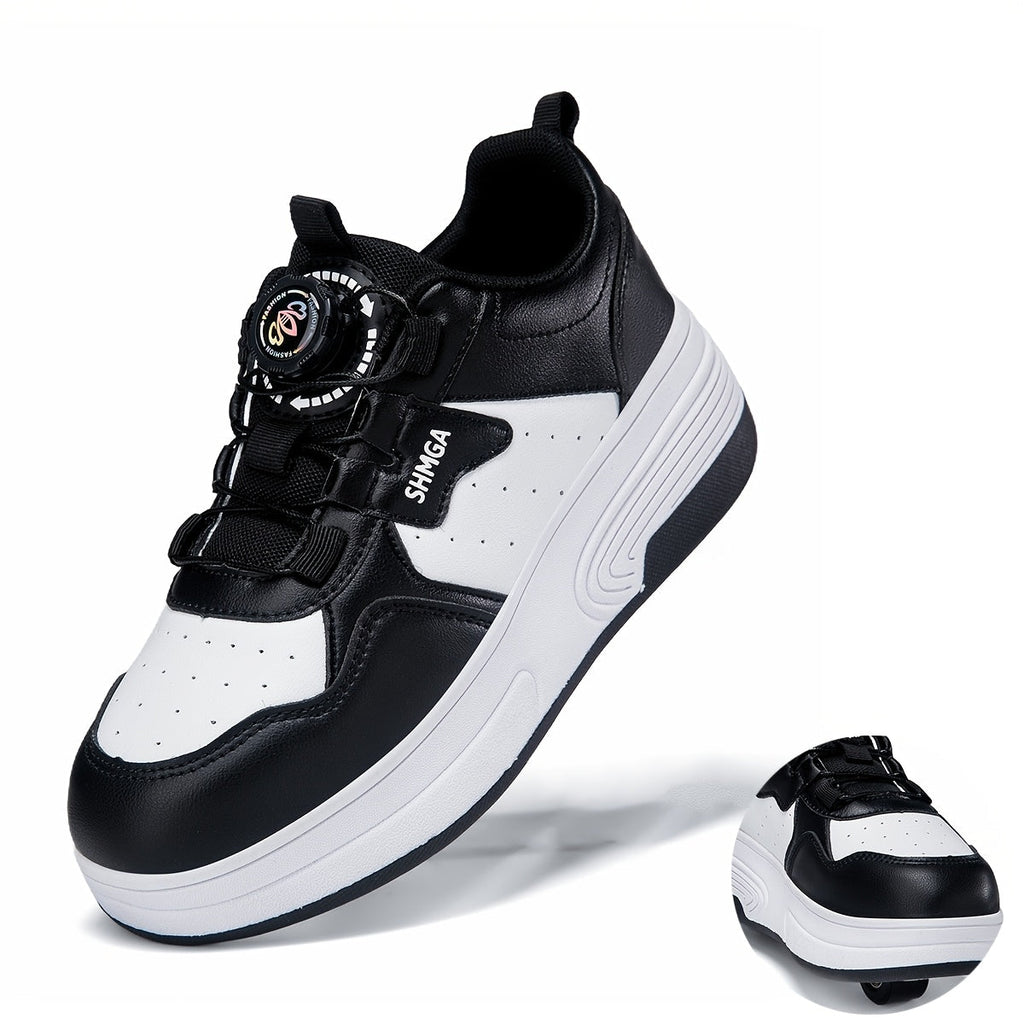 Boys Roller Shoes with Removable Wheels and Dial Fastenings in Black-and-White Two- or Four-Wheel Styles