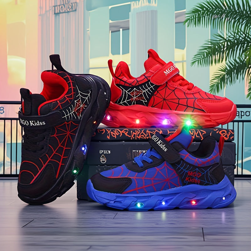 Boys' Light-Up Sneakers with Spiderweb Graphics and an Instep Strap in Red, Black or Blue for Playtime